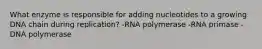 What enzyme is responsible for adding nucleotides to a growing DNA chain during replication? -RNA polymerase -RNA primase -DNA polymerase