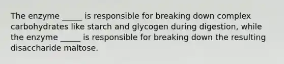 The enzyme _____ is responsible for breaking down complex carbohydrates like starch and glycogen during digestion, while the enzyme _____ is responsible for breaking down the resulting disaccharide maltose.