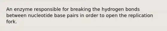 An enzyme responsible for breaking the hydrogen bonds between nucleotide base pairs in order to open the replication fork.