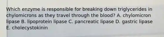 Which enzyme is responsible for breaking down triglycerides in chylomicrons as they travel through the blood? A. chylomicron lipase B. lipoprotein lipase C. pancreatic lipase D. gastric lipase E. cholecystokinin