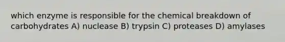 which enzyme is responsible for the chemical breakdown of carbohydrates A) nuclease B) trypsin C) proteases D) amylases