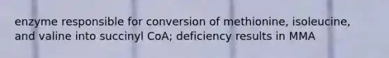 enzyme responsible for conversion of methionine, isoleucine, and valine into succinyl CoA; deficiency results in MMA