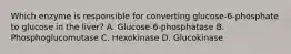 Which enzyme is responsible for converting glucose-6-phosphate to glucose in the liver? A. Glucose-6-phosphatase B. Phosphoglucomutase C. Hexokinase D. Glucokinase