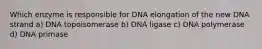 Which enzyme is responsible for DNA elongation of the new DNA strand a) DNA topoisomerase b) DNA ligase c) DNA polymerase d) DNA primase