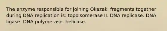 The enzyme responsible for joining Okazaki fragments together during <a href='https://www.questionai.com/knowledge/kofV2VQU2J-dna-replication' class='anchor-knowledge'>dna replication</a> is: topoisomerase II. DNA replicase. DNA ligase. DNA polymerase. helicase.