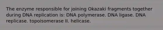 The enzyme responsible for joining Okazaki fragments together during DNA replication is: DNA polymerase. DNA ligase. DNA replicase. topoisomerase II. helicase.