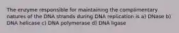 The enzyme responsible for maintaining the complimentary natures of the DNA strands during DNA replication is a) DNase b) DNA helicase c) DNA polymerase d) DNA ligase