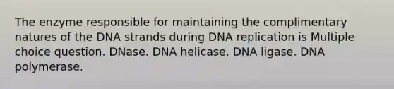 The enzyme responsible for maintaining the complimentary natures of the DNA strands during DNA replication is Multiple choice question. DNase. DNA helicase. DNA ligase. DNA polymerase.