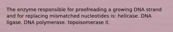 The enzyme responsible for proofreading a growing DNA strand and for replacing mismatched nucleotides is: helicase. DNA ligase. DNA polymerase. topoisomerase II.