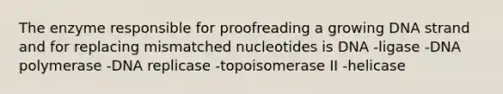 The enzyme responsible for proofreading a growing DNA strand and for replacing mismatched nucleotides is DNA -ligase -DNA polymerase -DNA replicase -topoisomerase II -helicase