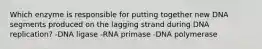 Which enzyme is responsible for putting together new DNA segments produced on the lagging strand during DNA replication? -DNA ligase -RNA primase -DNA polymerase