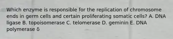 Which enzyme is responsible for the replication of chromosome ends in germ cells and certain proliferating somatic cells? A. DNA ligase B. topoisomerase C. telomerase D. geminin E. DNA polymerase δ