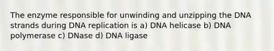 The enzyme responsible for unwinding and unzipping the DNA strands during DNA replication is a) DNA helicase b) DNA polymerase c) DNase d) DNA ligase