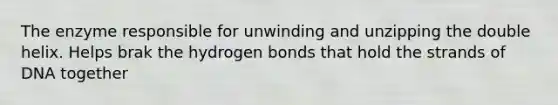 The enzyme responsible for unwinding and unzipping the double helix. Helps brak the hydrogen bonds that hold the strands of DNA together