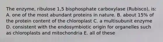 The enzyme, ribulose 1,5 bisphosphate carboxylase (Rubisco), is: A. one of the most abundant proteins in nature. B. about 15% of the protein content of the chloroplast C. a multisubunit enzyme D. consistent with the endosymbiotic origin for organelles such as chloroplasts and mitochondria E. all of these