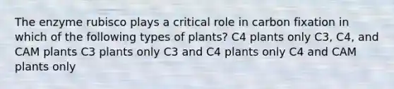 The enzyme rubisco plays a critical role in carbon fixation in which of the following types of plants? C4 plants only C3, C4, and CAM plants C3 plants only C3 and C4 plants only C4 and CAM plants only