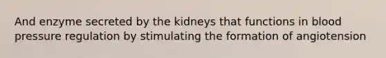 And enzyme secreted by the kidneys that functions in blood pressure regulation by stimulating the formation of angiotension