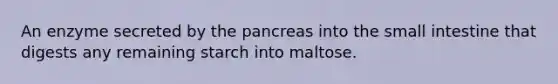 An enzyme secreted by <a href='https://www.questionai.com/knowledge/kITHRba4Cd-the-pancreas' class='anchor-knowledge'>the pancreas</a> into <a href='https://www.questionai.com/knowledge/kt623fh5xn-the-small-intestine' class='anchor-knowledge'>the small intestine</a> that digests any remaining starch into maltose.