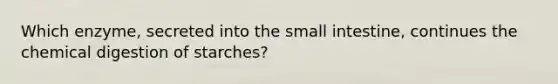 Which enzyme, secreted into the small intestine, continues the chemical digestion of starches?