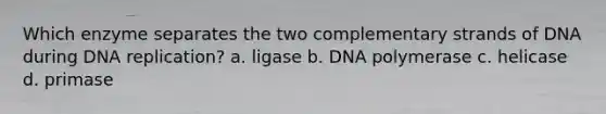 Which enzyme separates the two complementary strands of DNA during <a href='https://www.questionai.com/knowledge/kofV2VQU2J-dna-replication' class='anchor-knowledge'>dna replication</a>? a. ligase b. DNA polymerase c. helicase d. primase