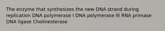 The enzyme that synthesizes the new DNA strand during replication DNA polymerase I DNA polymerase III RNA primase DNA ligase Cholinesterase