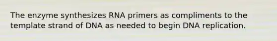 The enzyme synthesizes RNA primers as compliments to the template strand of DNA as needed to begin DNA replication.