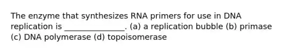 The enzyme that synthesizes RNA primers for use in DNA replication is _______________. (a) a replication bubble (b) primase (c) DNA polymerase (d) topoisomerase