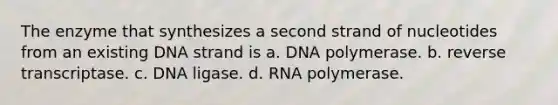 The enzyme that synthesizes a second strand of nucleotides from an existing DNA strand is a. DNA polymerase. b. reverse transcriptase. c. DNA ligase. d. RNA polymerase.