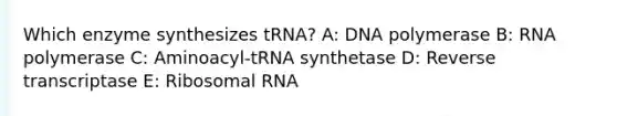 Which enzyme synthesizes tRNA? A: DNA polymerase B: RNA polymerase C: Aminoacyl-tRNA synthetase D: Reverse transcriptase E: Ribosomal RNA