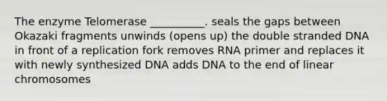 The enzyme Telomerase __________. seals the gaps between Okazaki fragments unwinds (opens up) the double stranded DNA in front of a replication fork removes RNA primer and replaces it with newly synthesized DNA adds DNA to the end of linear chromosomes