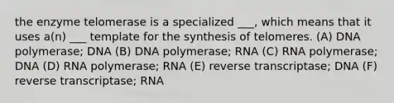 the enzyme telomerase is a specialized ___, which means that it uses a(n) ___ template for the synthesis of telomeres. (A) DNA polymerase; DNA (B) DNA polymerase; RNA (C) RNA polymerase; DNA (D) RNA polymerase; RNA (E) reverse transcriptase; DNA (F) reverse transcriptase; RNA