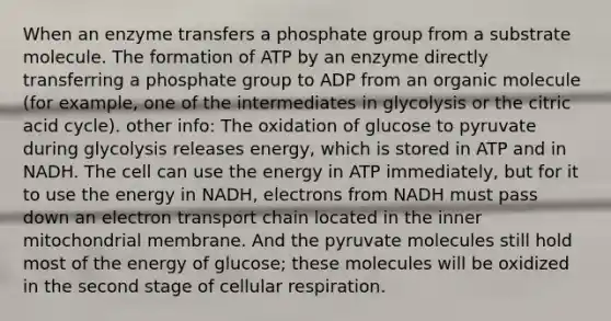 When an enzyme transfers a phosphate group from a substrate molecule. The formation of ATP by an enzyme directly transferring a phosphate group to ADP from an organic molecule (for example, one of the intermediates in glycolysis or the citric acid cycle). other info: The oxidation of glucose to pyruvate during glycolysis releases energy, which is stored in ATP and in NADH. The cell can use the energy in ATP immediately, but for it to use the energy in NADH, electrons from NADH must pass down an electron transport chain located in the inner mitochondrial membrane. And the pyruvate molecules still hold most of the energy of glucose; these molecules will be oxidized in the second stage of cellular respiration.