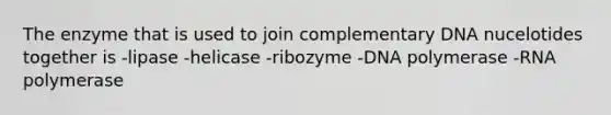 The enzyme that is used to join complementary DNA nucelotides together is -lipase -helicase -ribozyme -DNA polymerase -RNA polymerase