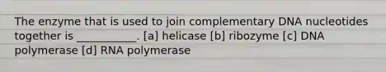 The enzyme that is used to join complementary DNA nucleotides together is ___________. [a] helicase [b] ribozyme [c] DNA polymerase [d] RNA polymerase