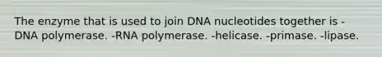 The enzyme that is used to join DNA nucleotides together is -DNA polymerase. -RNA polymerase. -helicase. -primase. -lipase.