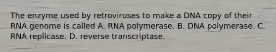 The enzyme used by retroviruses to make a DNA copy of their RNA genome is called A. RNA polymerase. B. DNA polymerase. C. RNA replicase. D. reverse transcriptase.