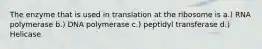 The enzyme that is used in translation at the ribosome is a.) RNA polymerase b.) DNA polymerase c.) peptidyl transferase d.) Helicase