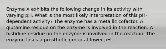 Enzyme X exhibits the following change in its activity with varying pH. What is the most likely interpretation of this pH-dependent activity? The enzyme has a metallic cofactor. A glutamine residue on the enzyme is involved in the reaction. A histidine residue on the enzyme is involved in the reaction. The enzyme loses a prosthetic group at lower pH.