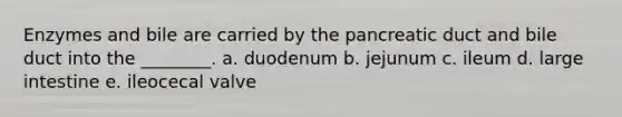 Enzymes and bile are carried by the pancreatic duct and bile duct into the ________. a. duodenum b. jejunum c. ileum d. large intestine e. ileocecal valve