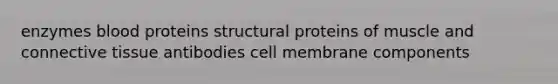 enzymes blood proteins structural proteins of muscle and connective tissue antibodies cell membrane components