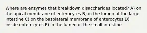 Where are enzymes that breakdown disaccharides located? A) on the apical membrane of enterocytes B) in the lumen of the large intestine C) on the basolateral membrane of enterocytes D) inside enterocytes E) in the lumen of the small intestine