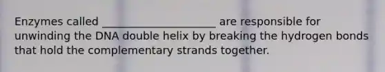 Enzymes called _____________________ are responsible for unwinding the DNA double helix by breaking the hydrogen bonds that hold the complementary strands together.