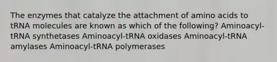 The enzymes that catalyze the attachment of <a href='https://www.questionai.com/knowledge/k9gb720LCl-amino-acids' class='anchor-knowledge'>amino acids</a> to tRNA molecules are known as which of the following? Aminoacyl-tRNA synthetases Aminoacyl-tRNA oxidases Aminoacyl-tRNA amylases Aminoacyl-tRNA polymerases