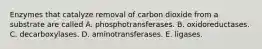 Enzymes that catalyze removal of carbon dioxide from a substrate are called A. phosphotransferases. B. oxidoreductases. C. decarboxylases. D. aminotransferases. E. ligases.