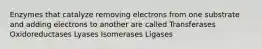 Enzymes that catalyze removing electrons from one substrate and adding electrons to another are called Transferases Oxidoreductases Lyases Isomerases Ligases