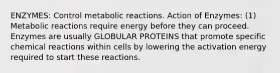 ENZYMES: Control metabolic reactions. Action of Enzymes: (1) Metabolic reactions require energy before they can proceed. Enzymes are usually GLOBULAR PROTEINS that promote specific chemical reactions within cells by lowering the activation energy required to start these reactions.