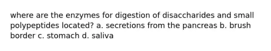 where are the enzymes for digestion of disaccharides and small polypeptides located? a. secretions from the pancreas b. brush border c. stomach d. saliva