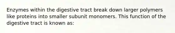 Enzymes within the digestive tract break down larger polymers like proteins into smaller subunit monomers. This function of the digestive tract is known as: