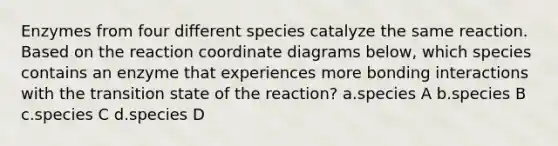 Enzymes from four different species catalyze the same reaction. Based on the reaction coordinate diagrams below, which species contains an enzyme that experiences more bonding interactions with the transition state of the reaction? a.species A b.species B c.species C d.species D