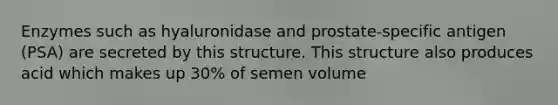 Enzymes such as hyaluronidase and prostate-specific antigen (PSA) are secreted by this structure. This structure also produces acid which makes up 30% of semen volume